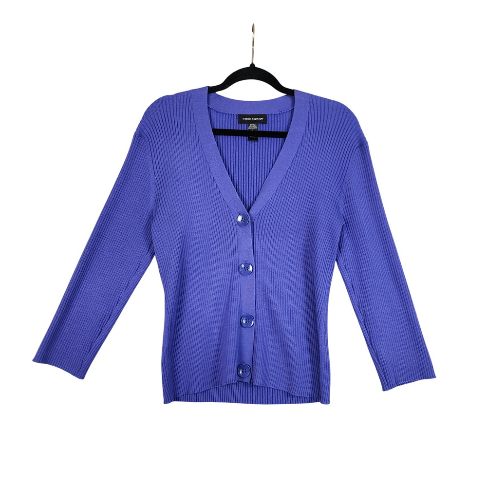 Cable & Gauge Womens Silk Blend Ribbed Cardigan Sweater Size XL Purple V-Neck